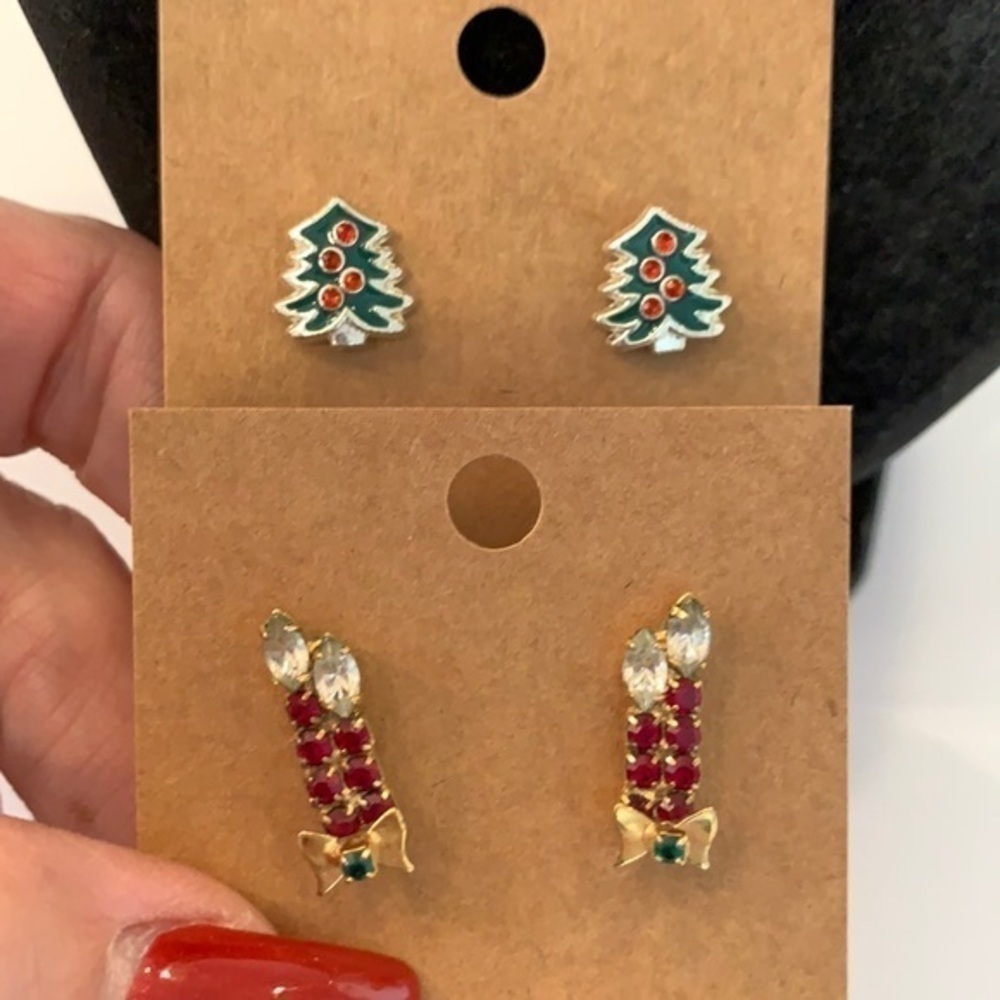 💐5/25 Two pair Christmas holiday earrings tree faceted crystal candle stick